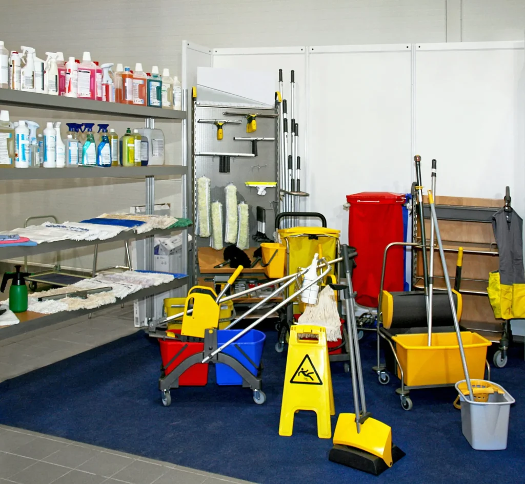 Various professional cleaning tools used by Capital Coastal Cleaning laid out on a table.